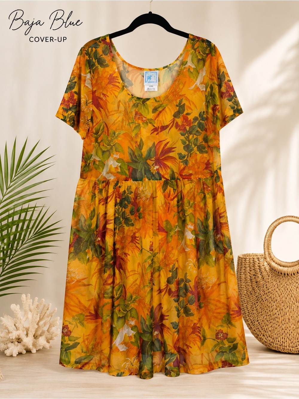 Baja Blue Tropical Floral Swim Cover-Up Large Made in USA Pristine